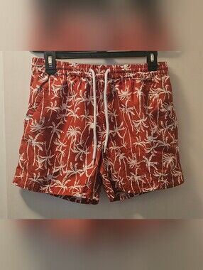South Beach* Men's Palm Tree Print Swim Trunks, Rust Color, Size Small